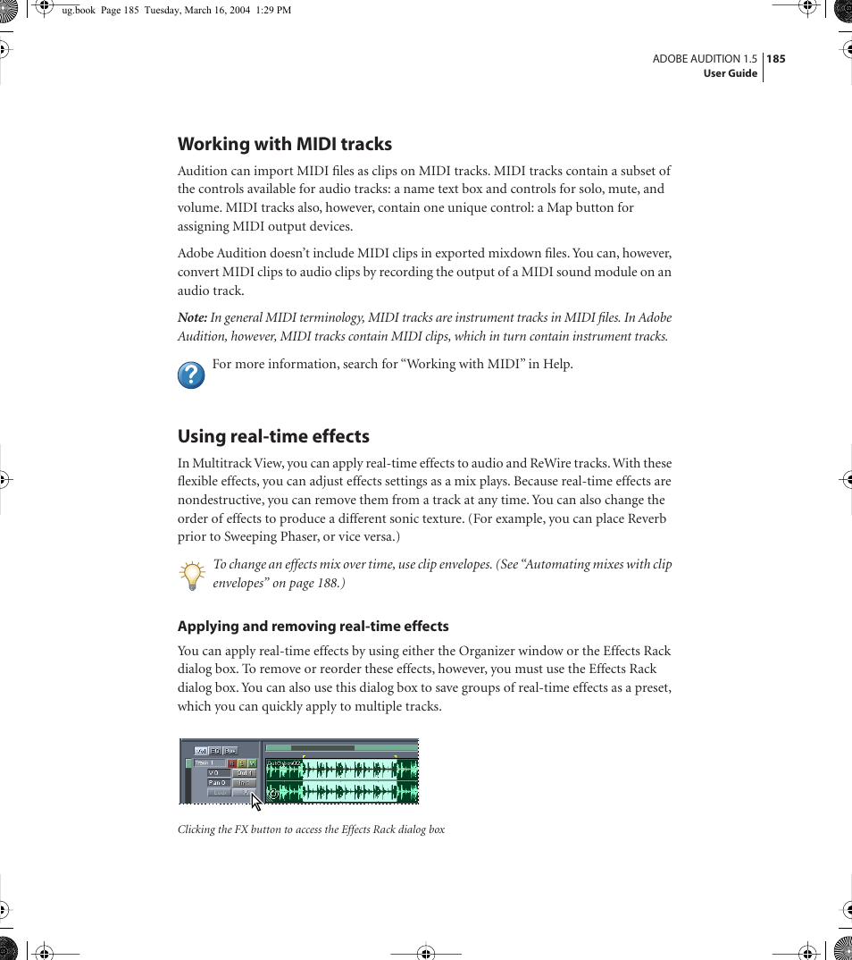 Working with midi tracks, Using real-time effects | Adobe AUDITION 1.5 User Manual | Page 193 / 308