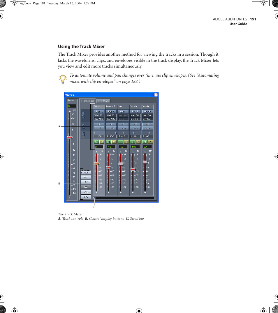Using the track mixer | Adobe AUDITION 1.5 User Manual | Page 199 / 308