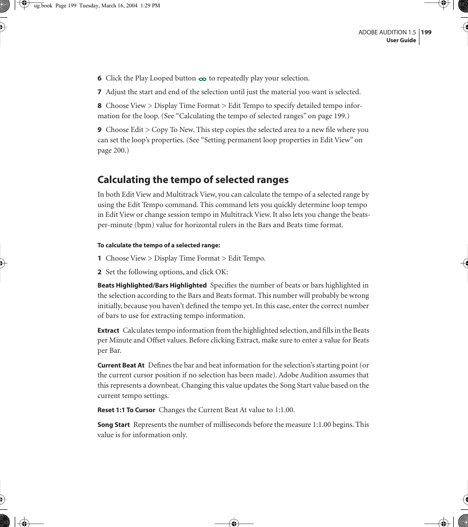 Calculating the tempo of selected ranges | Adobe AUDITION 1.5 User Manual | Page 207 / 308