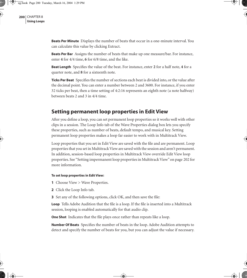Setting permanent loop properties in edit view | Adobe AUDITION 1.5 User Manual | Page 208 / 308