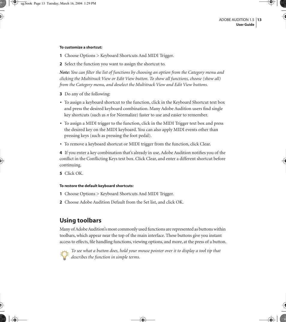 Using toolbars | Adobe AUDITION 1.5 User Manual | Page 21 / 308