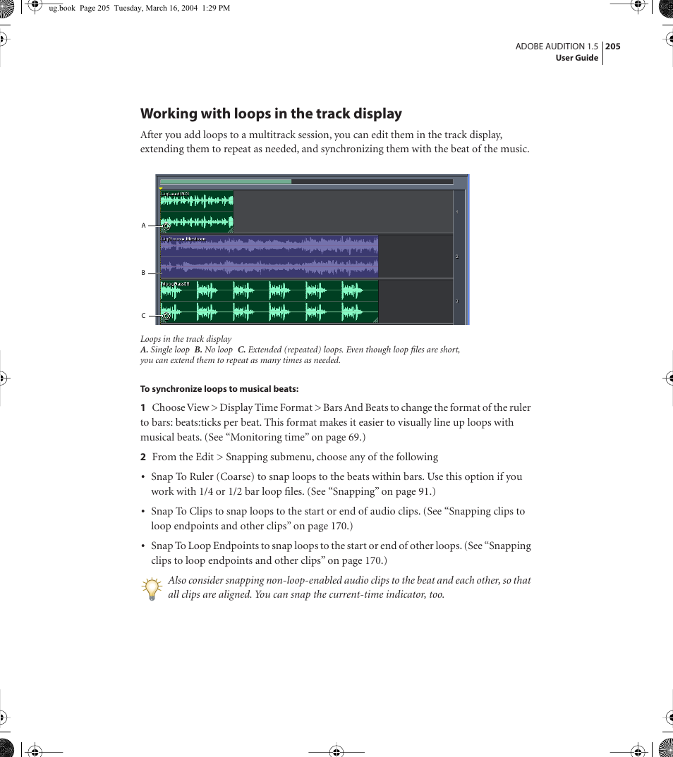 Working with loops in the track display | Adobe AUDITION 1.5 User Manual | Page 213 / 308