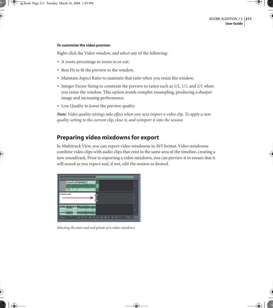 Preparing video mixdowns for export | Adobe AUDITION 1.5 User Manual | Page 219 / 308
