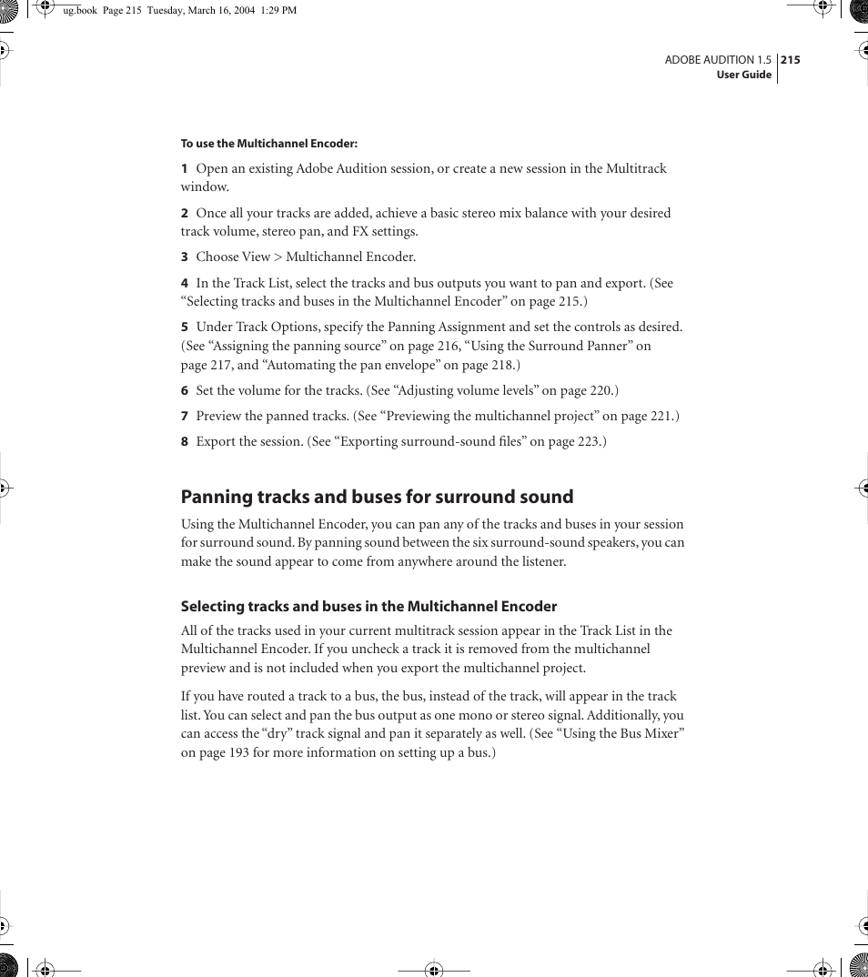 Panning tracks and buses for surround sound | Adobe AUDITION 1.5 User Manual | Page 223 / 308