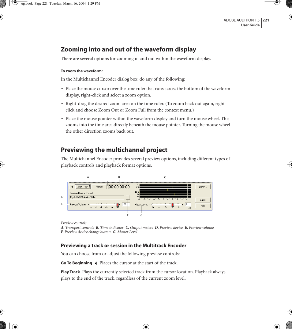 Zooming into and out of the waveform display, Previewing the multichannel project | Adobe AUDITION 1.5 User Manual | Page 229 / 308