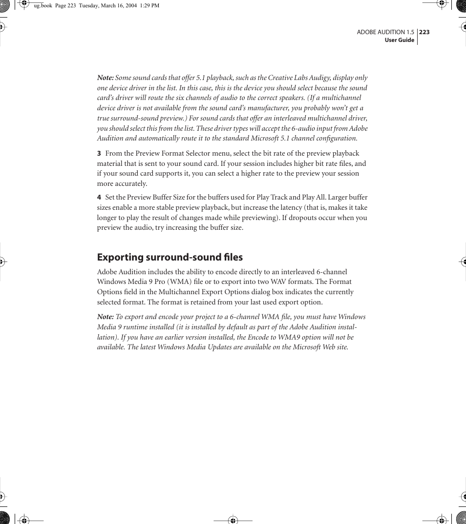 Exporting surround-sound files | Adobe AUDITION 1.5 User Manual | Page 231 / 308