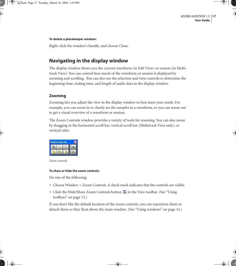 Navigating in the display window | Adobe AUDITION 1.5 User Manual | Page 25 / 308