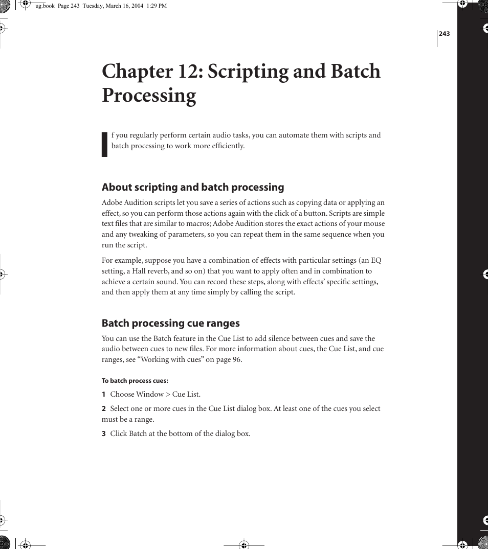 Chapter 12: scripting and batch processing | Adobe AUDITION 1.5 User Manual | Page 251 / 308