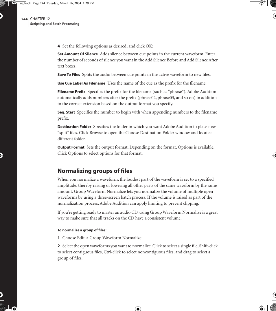Normalizing groups of files | Adobe AUDITION 1.5 User Manual | Page 252 / 308