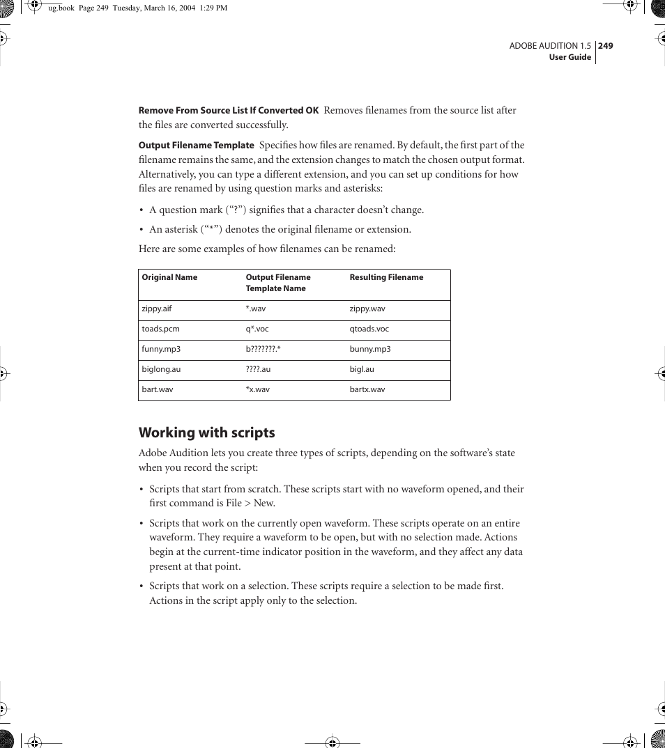 Working with scripts | Adobe AUDITION 1.5 User Manual | Page 257 / 308