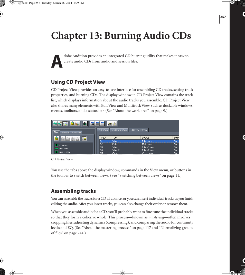 Chapter 13: burning audio cds | Adobe AUDITION 1.5 User Manual | Page 265 / 308