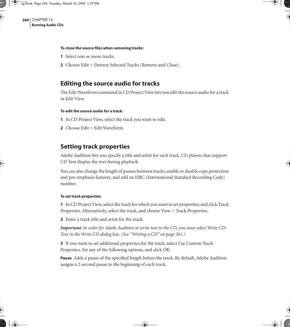 Editing the source audio for tracks, Setting track properties | Adobe AUDITION 1.5 User Manual | Page 268 / 308