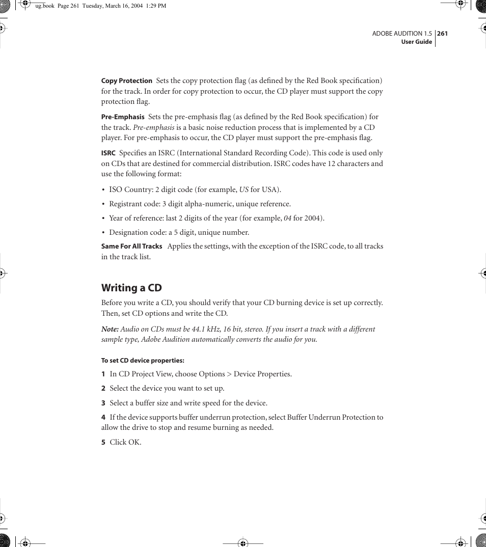 Writing a cd | Adobe AUDITION 1.5 User Manual | Page 269 / 308