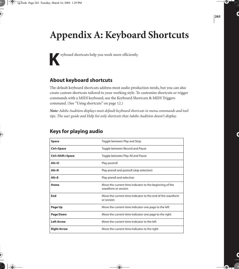 Appendix a: keyboard shortcuts, About keyboard shortcuts, Keys for playing audio | Adobe AUDITION 1.5 User Manual | Page 271 / 308