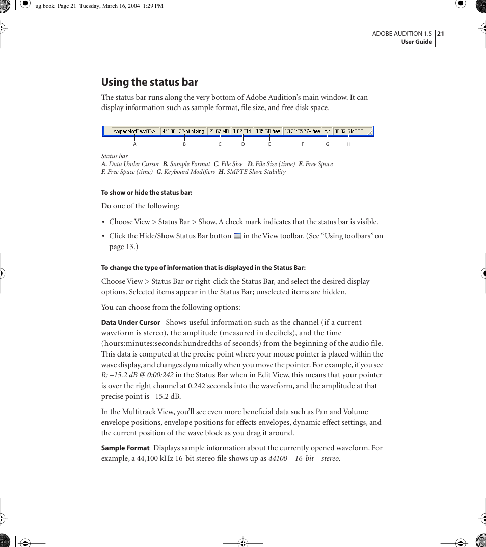 Using the status bar | Adobe AUDITION 1.5 User Manual | Page 29 / 308
