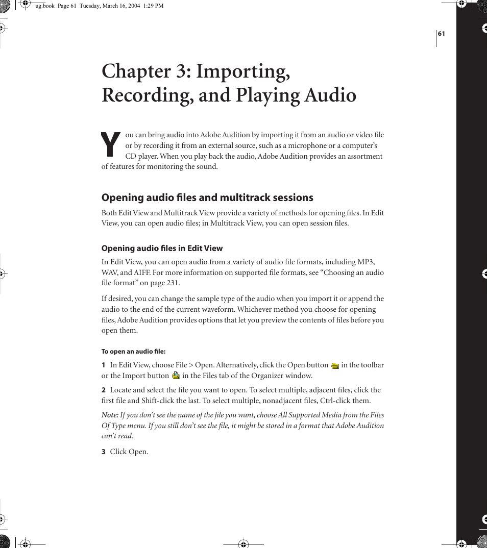 Chapter 3: importing, recording, and playing audio | Adobe AUDITION 1.5 User Manual | Page 69 / 308