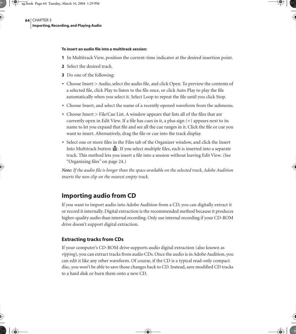Importing audio from cd | Adobe AUDITION 1.5 User Manual | Page 72 / 308
