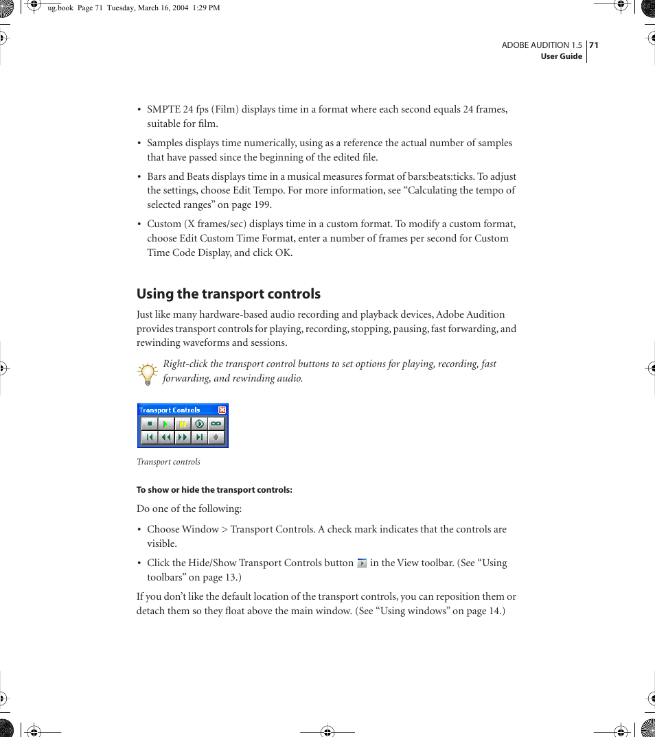 Using the transport controls | Adobe AUDITION 1.5 User Manual | Page 79 / 308
