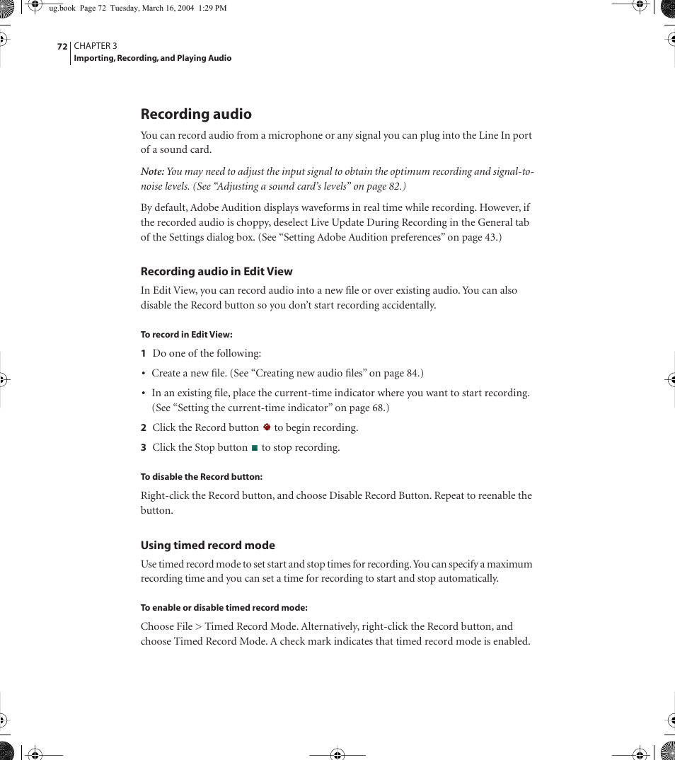 Recording audio | Adobe AUDITION 1.5 User Manual | Page 80 / 308