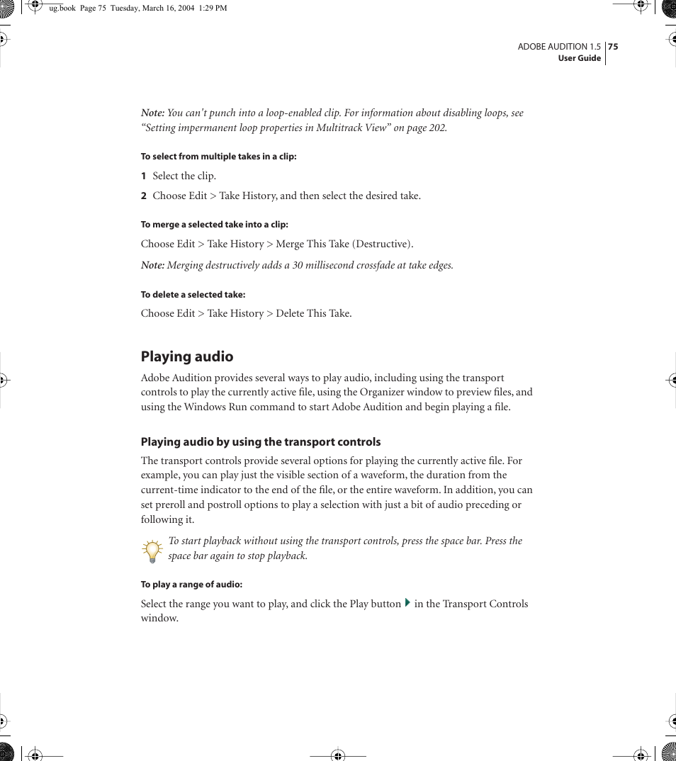 Playing audio | Adobe AUDITION 1.5 User Manual | Page 83 / 308