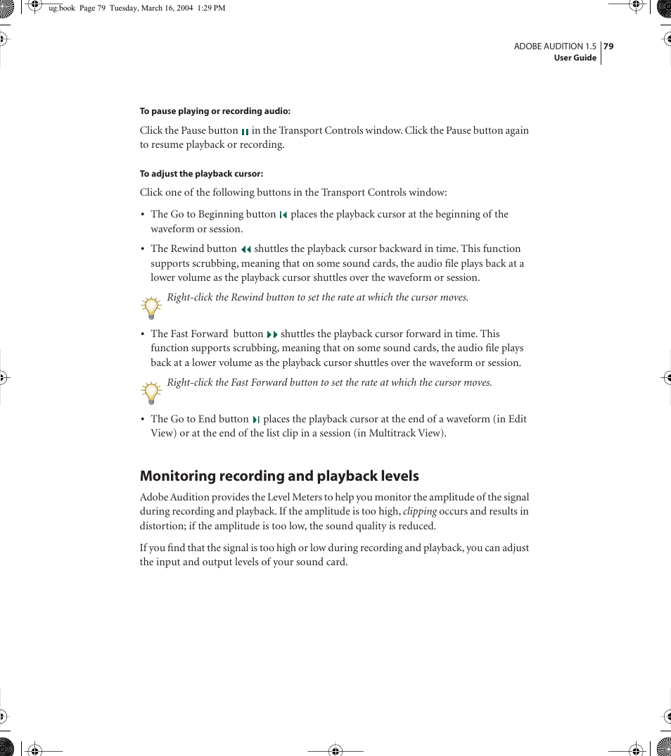 Monitoring recording and playback levels | Adobe AUDITION 1.5 User Manual | Page 87 / 308
