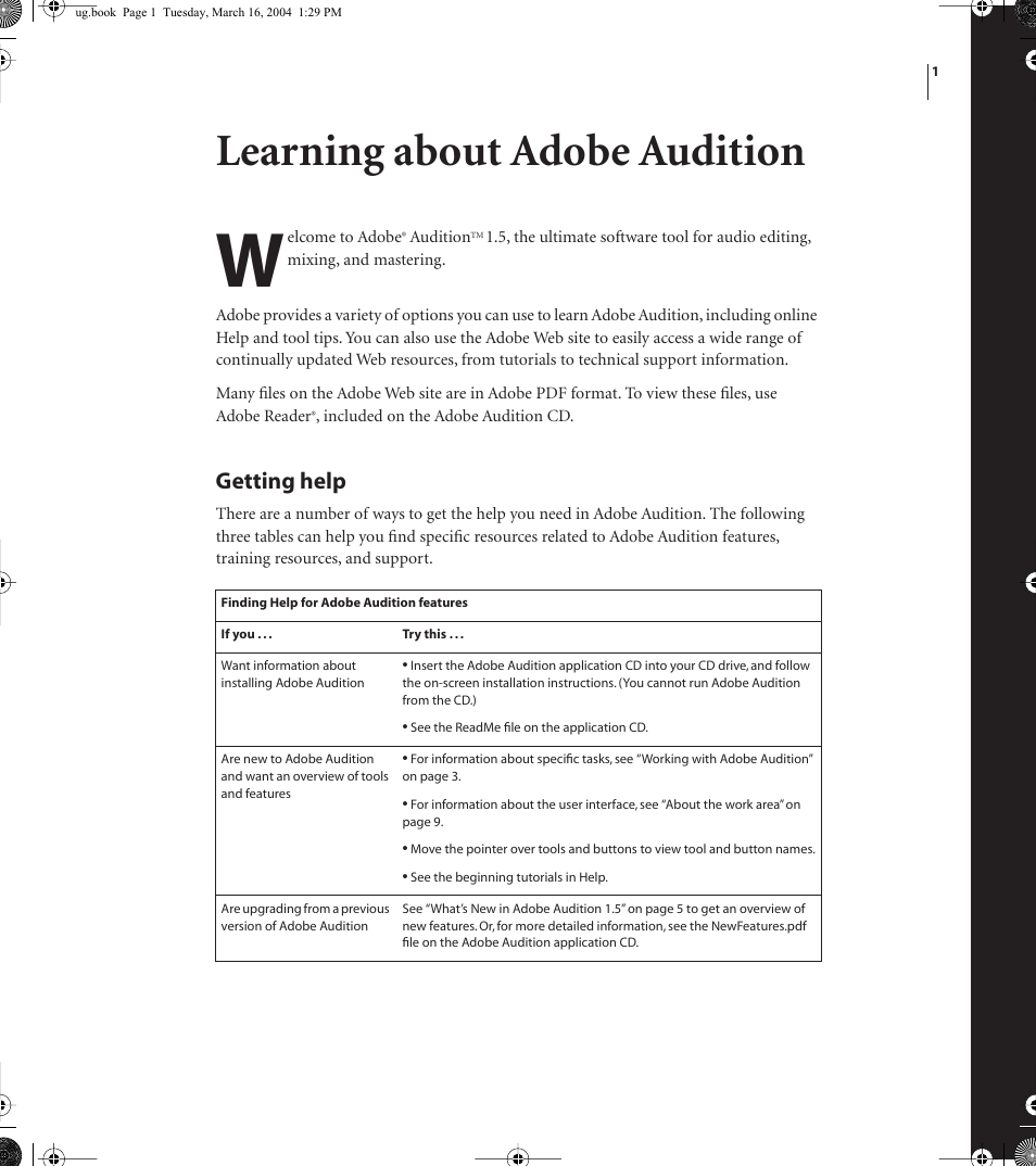Learning about adobe audition, Getting help | Adobe AUDITION 1.5 User Manual | Page 9 / 308
