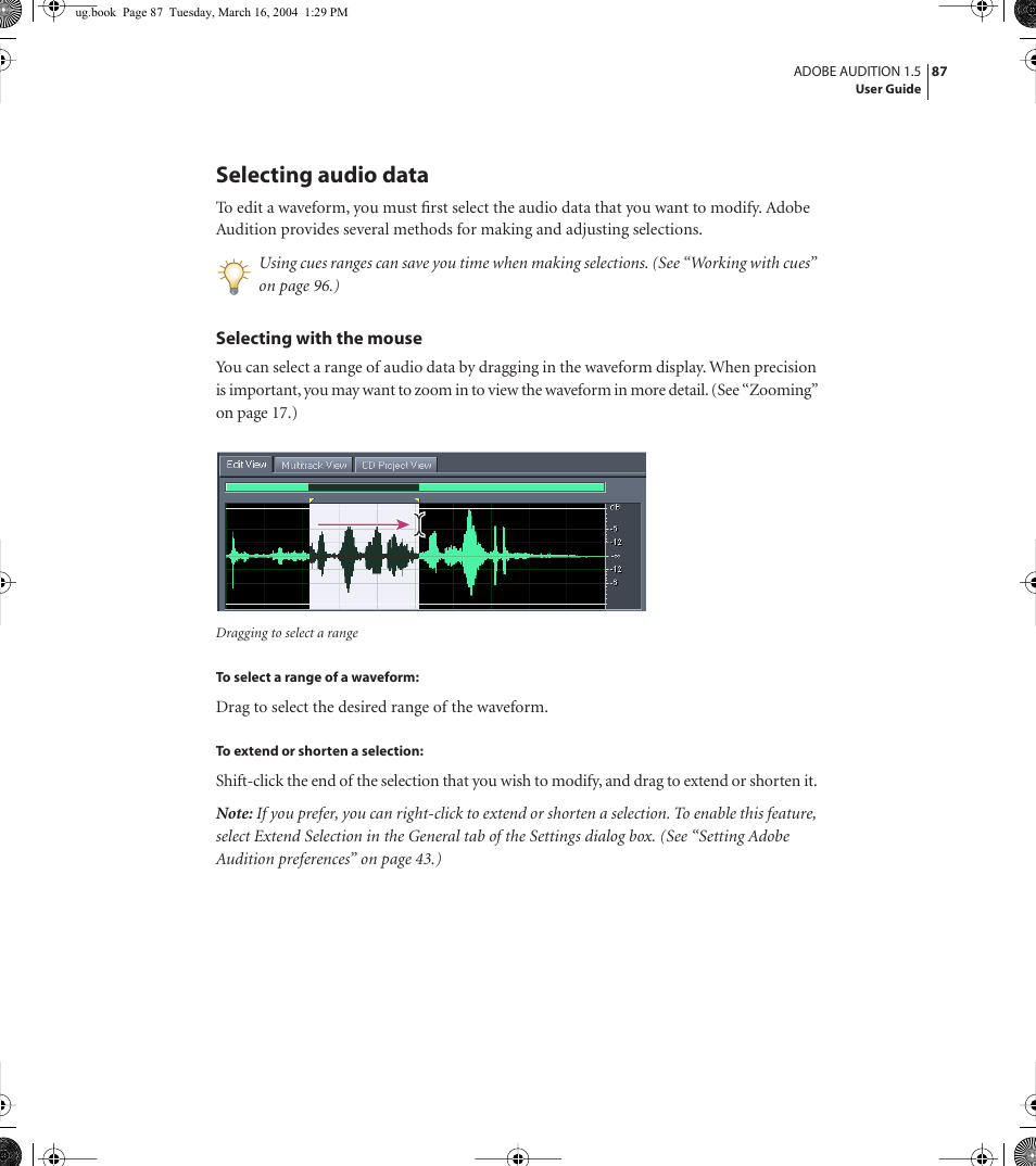 Selecting audio data | Adobe AUDITION 1.5 User Manual | Page 95 / 308