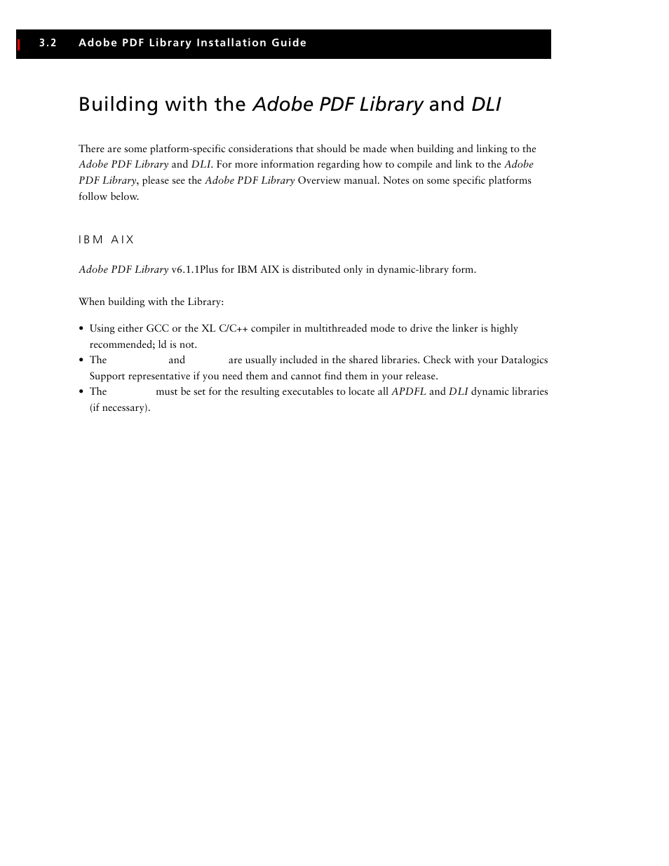 Building with the adobe pdf library and dli, Ibm aix, Building with the | Adobe V6 User Manual | Page 40 / 58