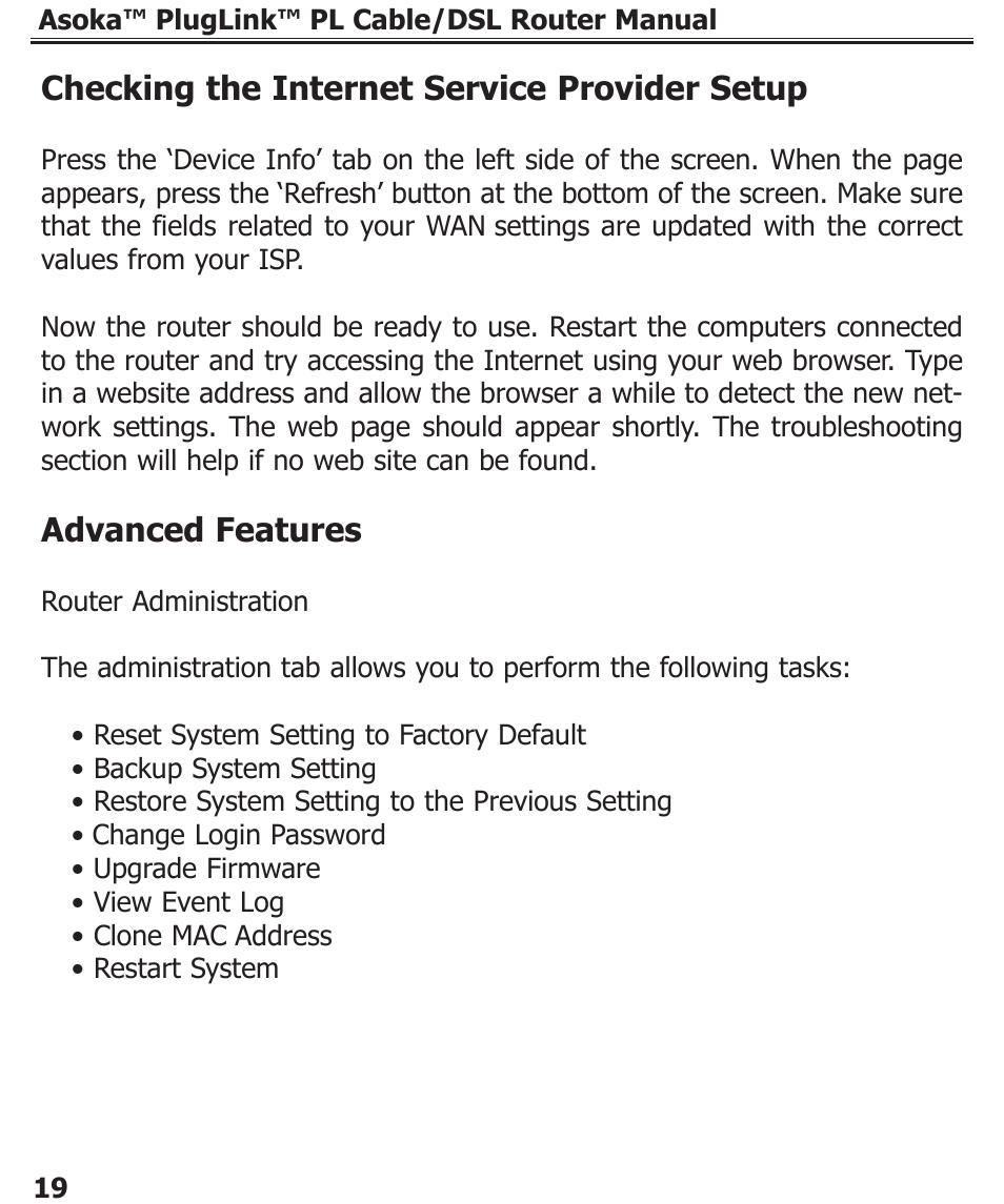 Checking the internet service provider setup, Advanced features | Asoka PL9920-BBR User Manual | Page 20 / 34