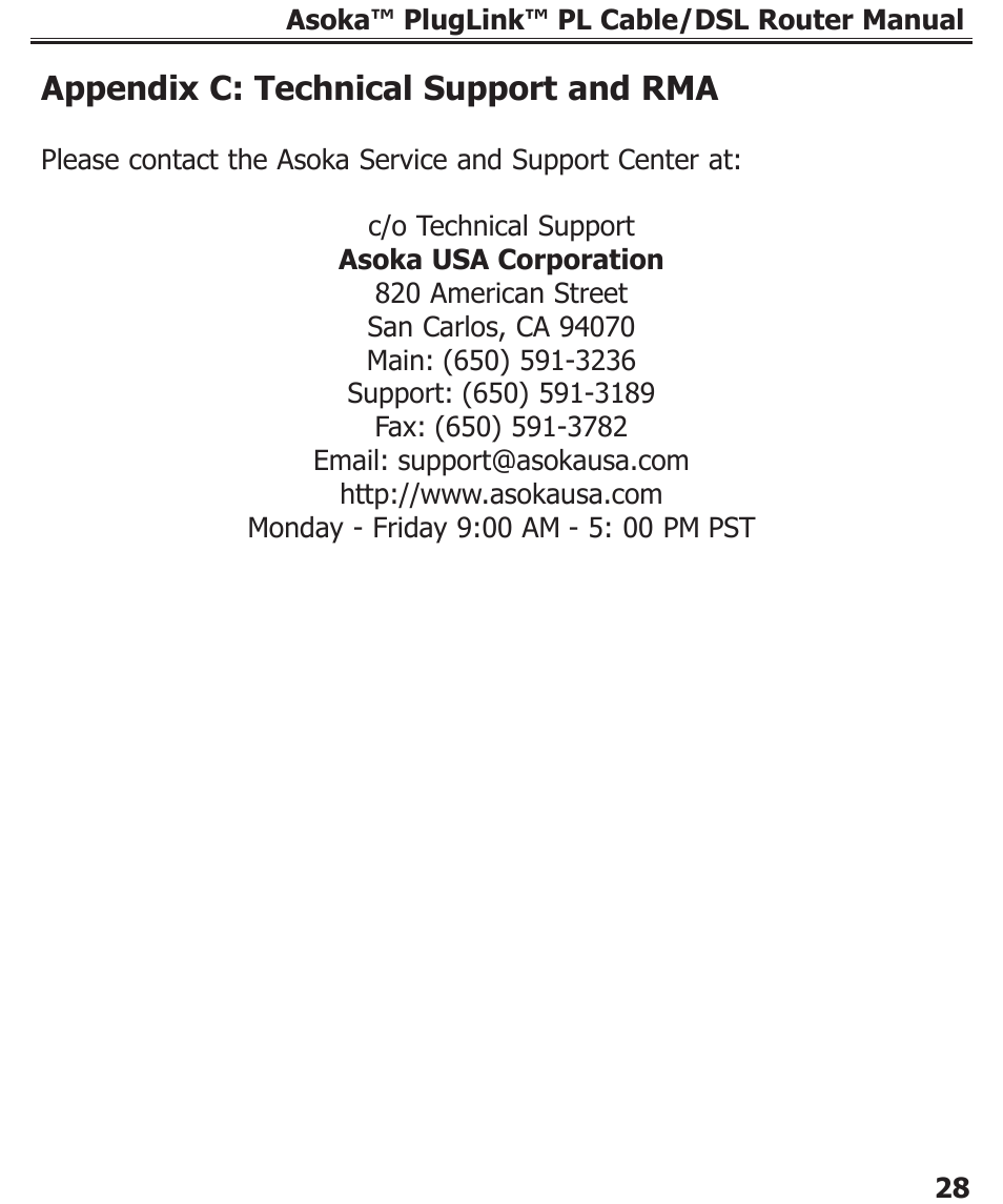 Appendix c: technical support and rma | Asoka PL9920-BBR User Manual | Page 29 / 34