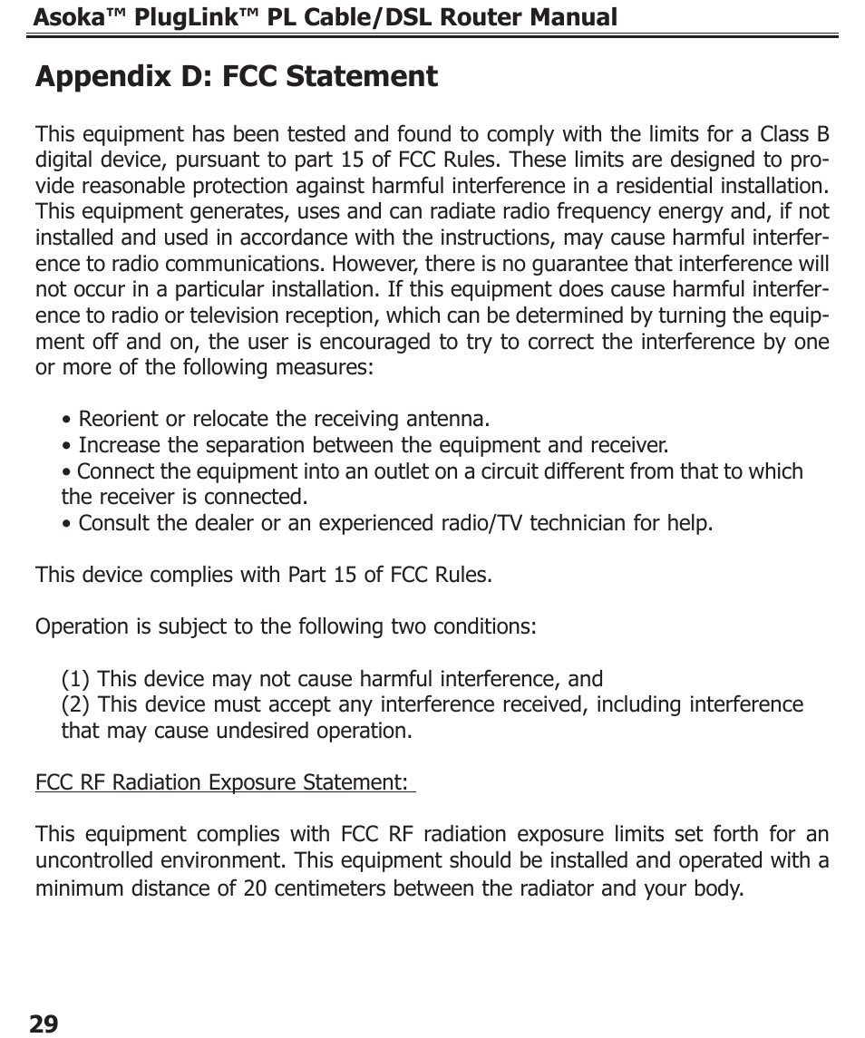 Appendix d: fcc statement | Asoka PL9920-BBR User Manual | Page 30 / 34