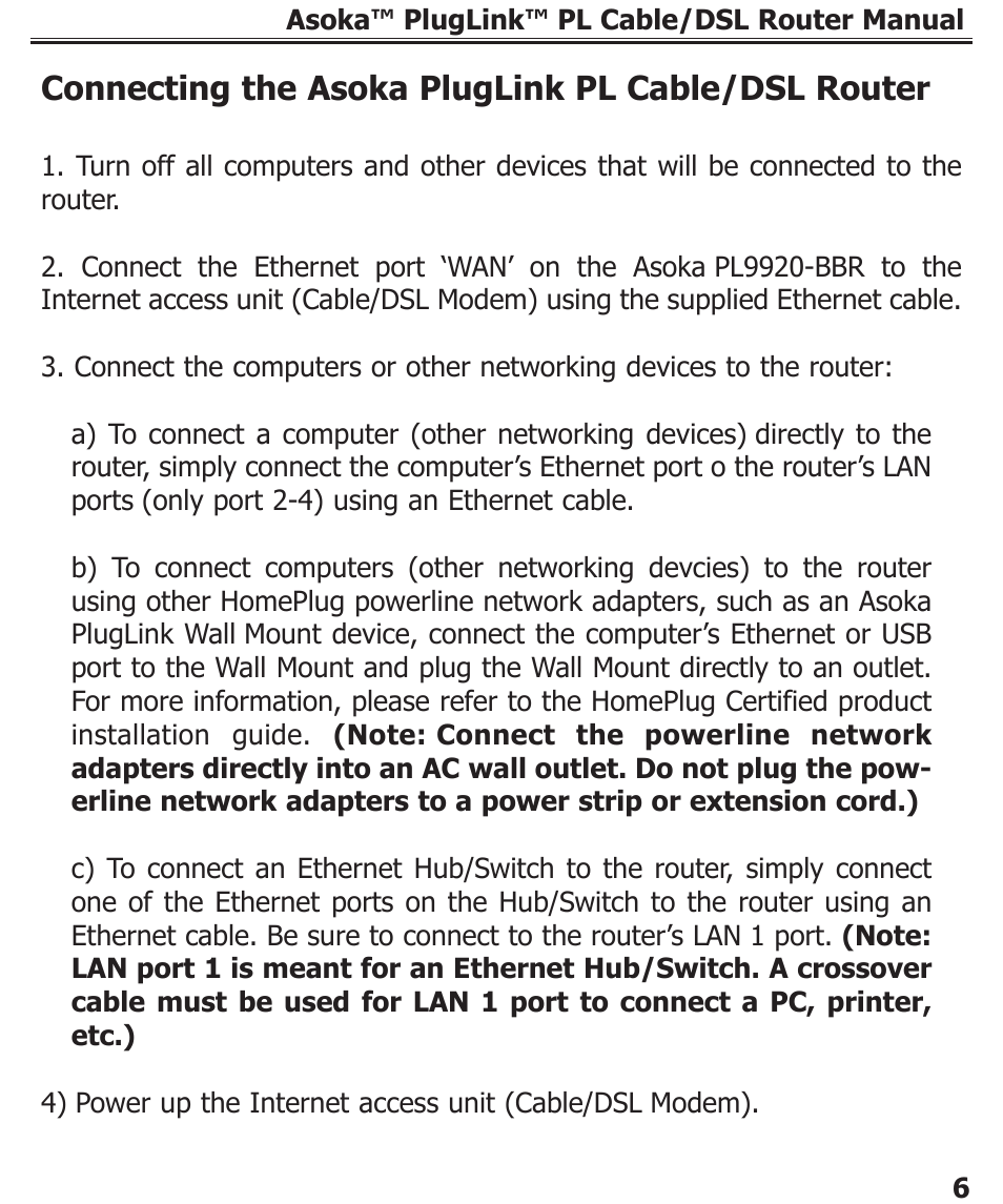 Connecting the asoka pluglink pl cable/dsl router | Asoka PL9920-BBR User Manual | Page 7 / 34