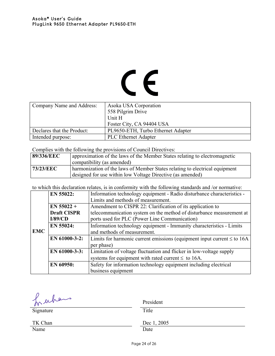 Declaration of conformity, Chapter 1 1 | Asoka PL9650-ETH User Manual | Page 24 / 26