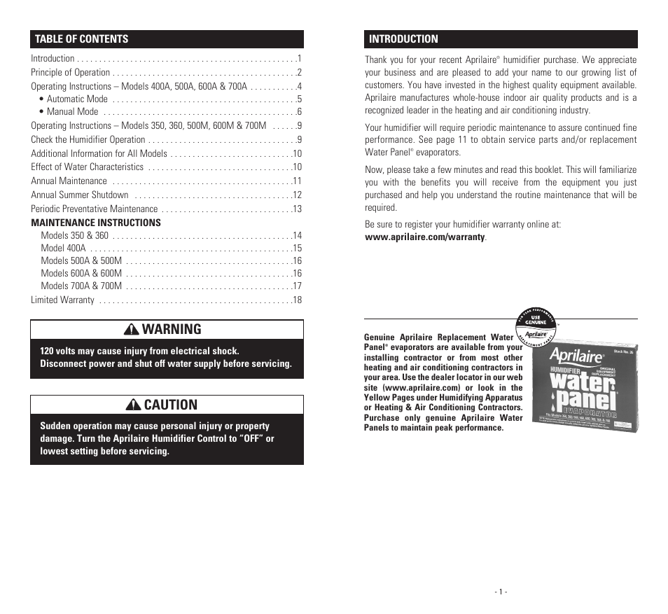 Caution, Warning | Aprilaire Humudifiers 500A User Manual | Page 2 / 11