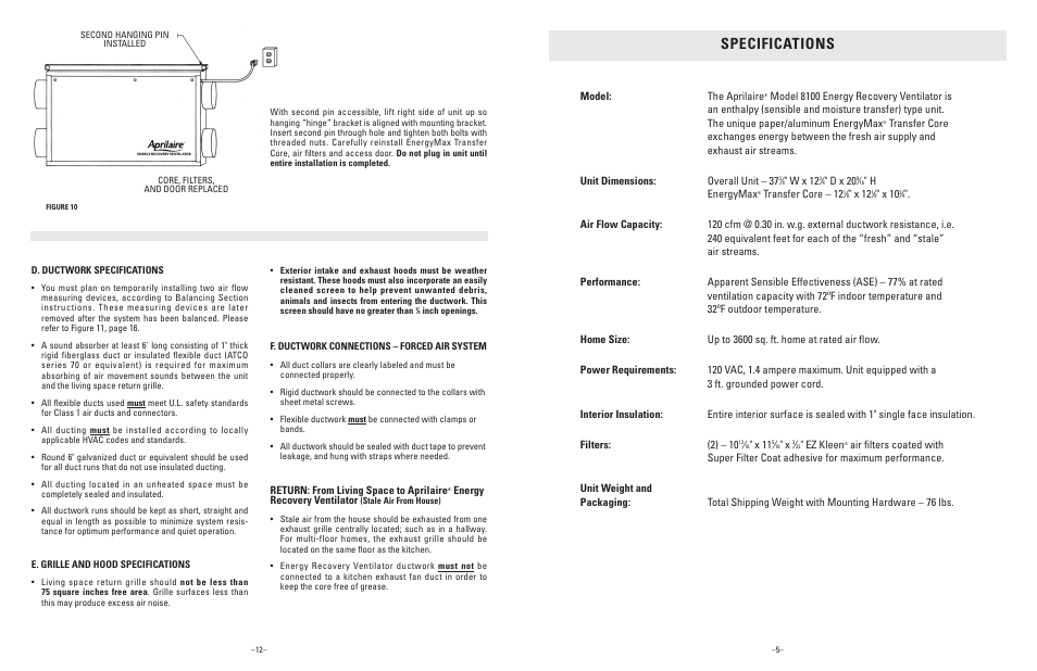 Rp 204628 1k2582_3028_9.pdf, Specifications, Model: the aprilaire | W x 12, D x 20, H energymax, Transfer core – 12, X 12, X 10, X 11 | Aprilaire 8100 User Manual | Page 12 / 16