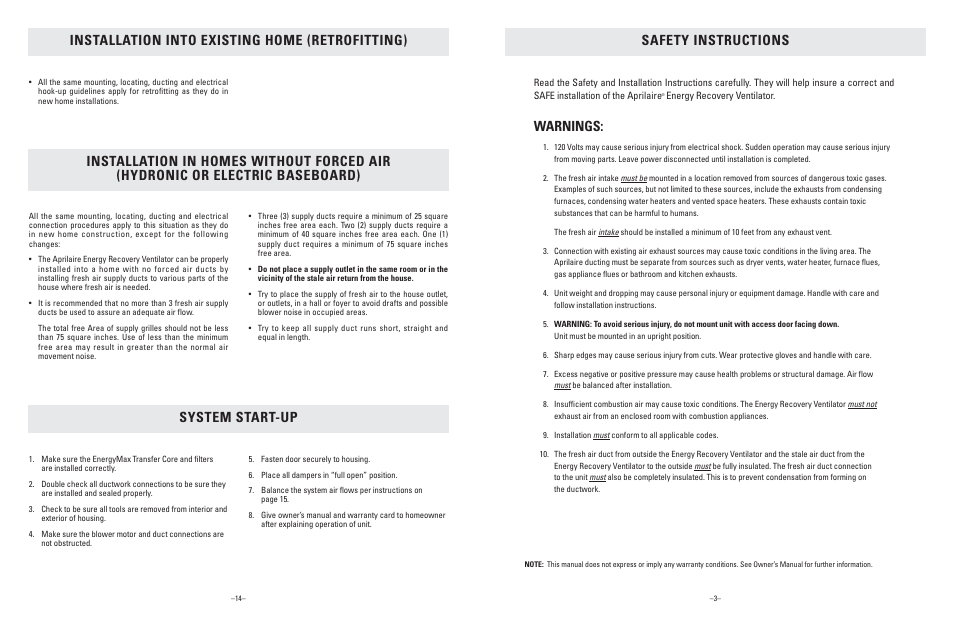 Rp 204628 1k2582_3028_5.pdf, Safety instructions, Warnings | System start-up | Aprilaire 8100 User Manual | Page 14 / 16