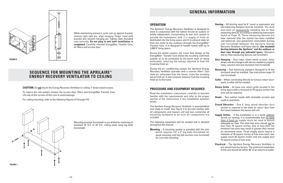 Rp 204628 1k2582_3028_13.pdf, Sequence for mounting the aprilaire, Energy recovery ventilator to ceiling | General information, Operation, Procedure and equipment required | Aprilaire 8100 User Manual | Page 7 / 16