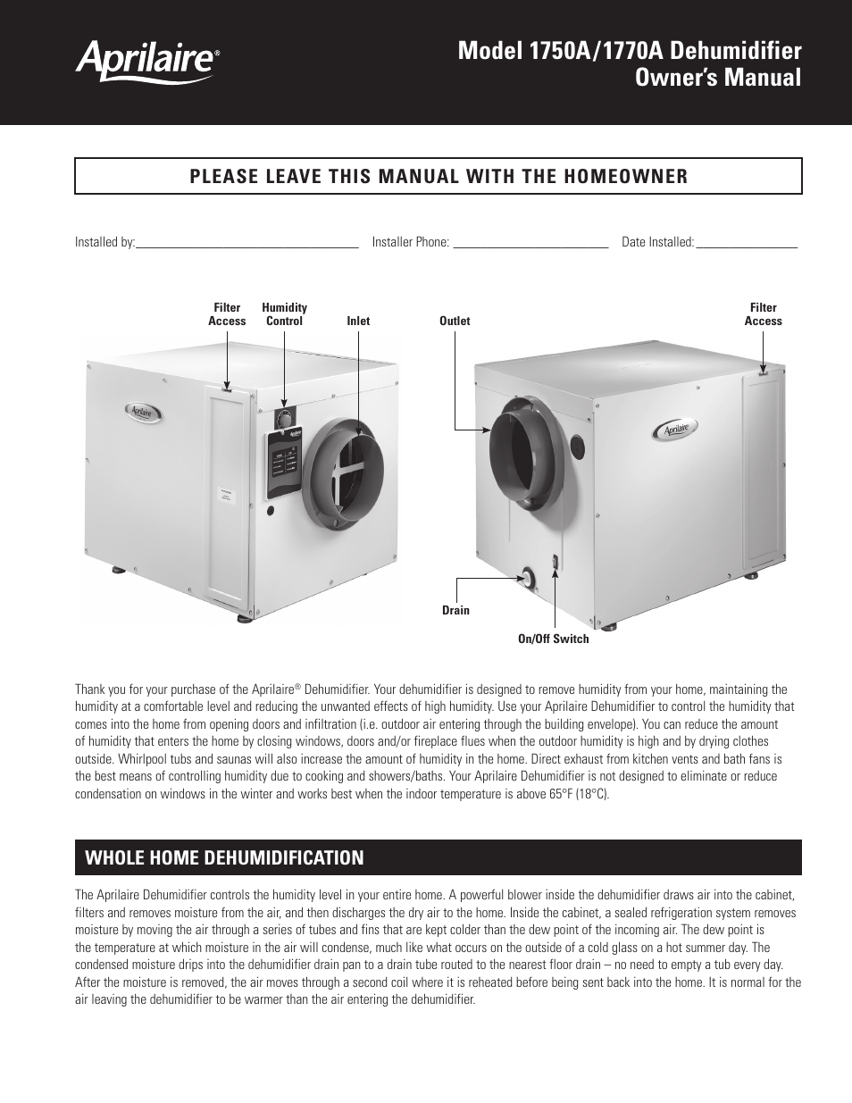Aprilaire 1750A User Manual | 4 pages