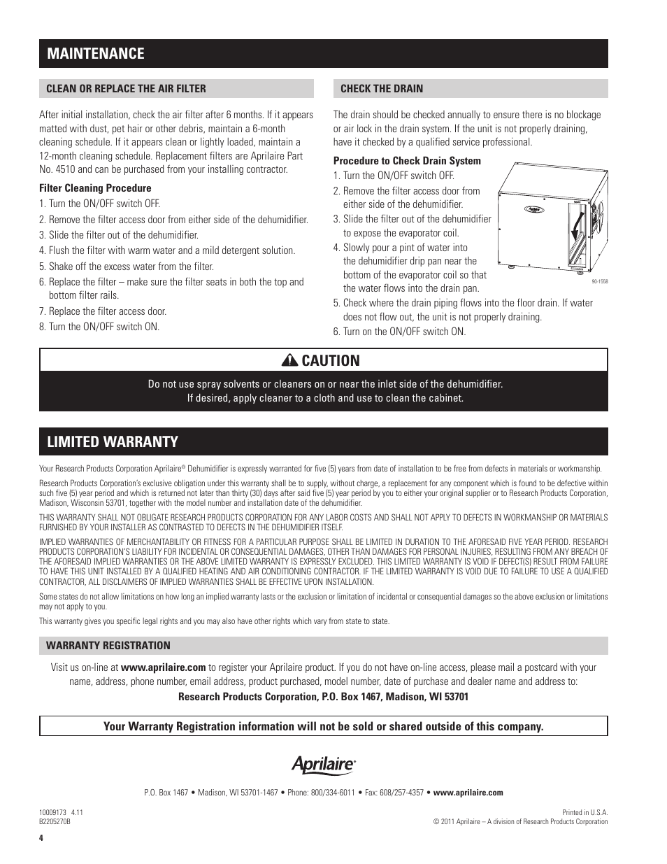 Caution, Maintenance, Limited warranty | Aprilaire 1750A User Manual | Page 4 / 4