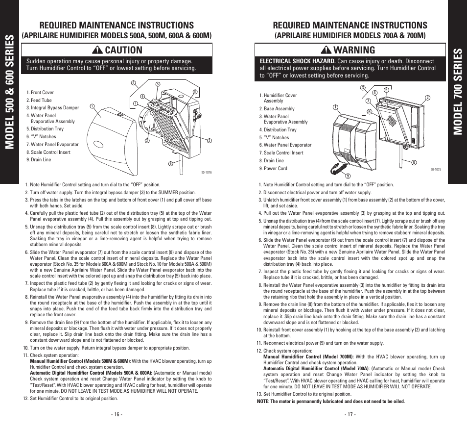 Caution, Warning, Required maintenance instructions | Aprilaire 400A  EN User Manual | Page 10 / 11