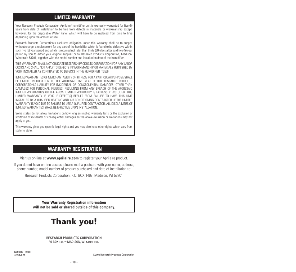 Warranty registration, Limited warranty | Aprilaire 400A  EN User Manual | Page 11 / 11