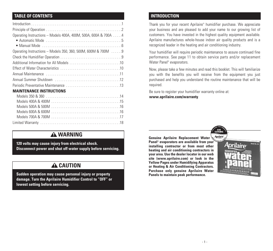 Caution, Warning | Aprilaire 400A  EN User Manual | Page 2 / 11