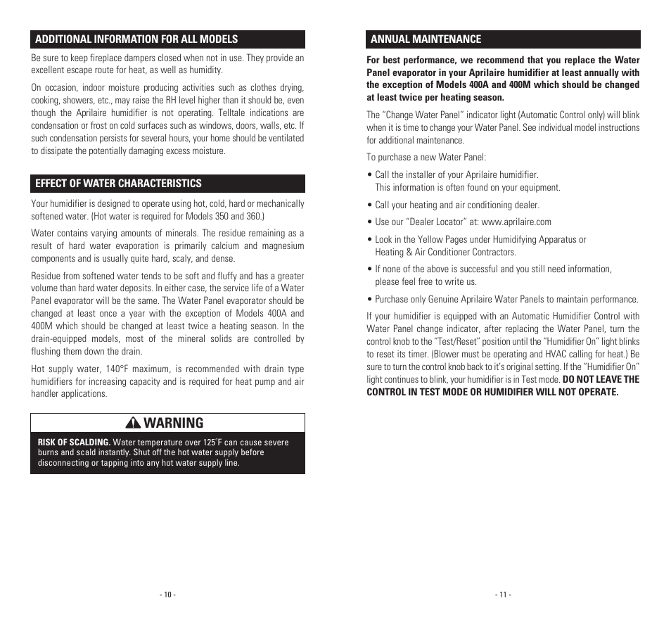 Warning | Aprilaire 400A  EN User Manual | Page 7 / 11