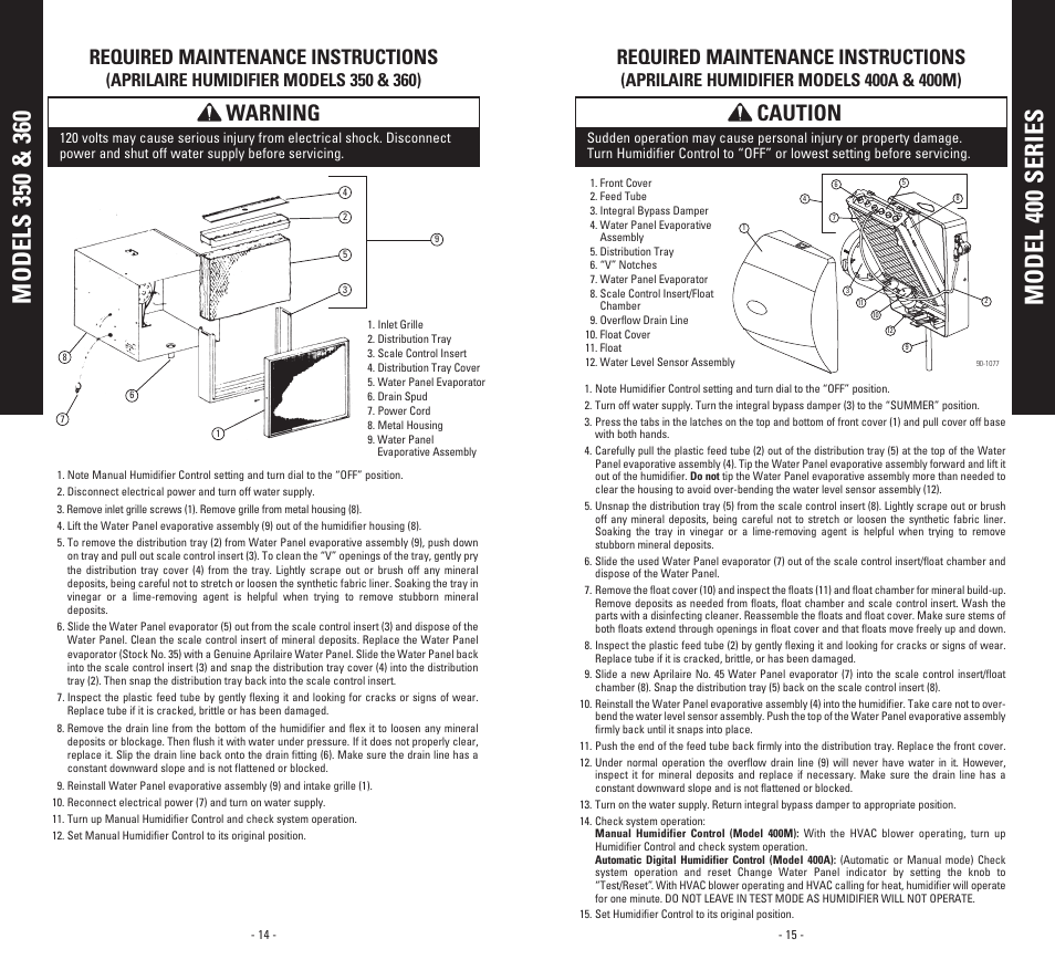 Caution, Warning, Required maintenance instructions | Aprilaire 400A  EN User Manual | Page 9 / 11