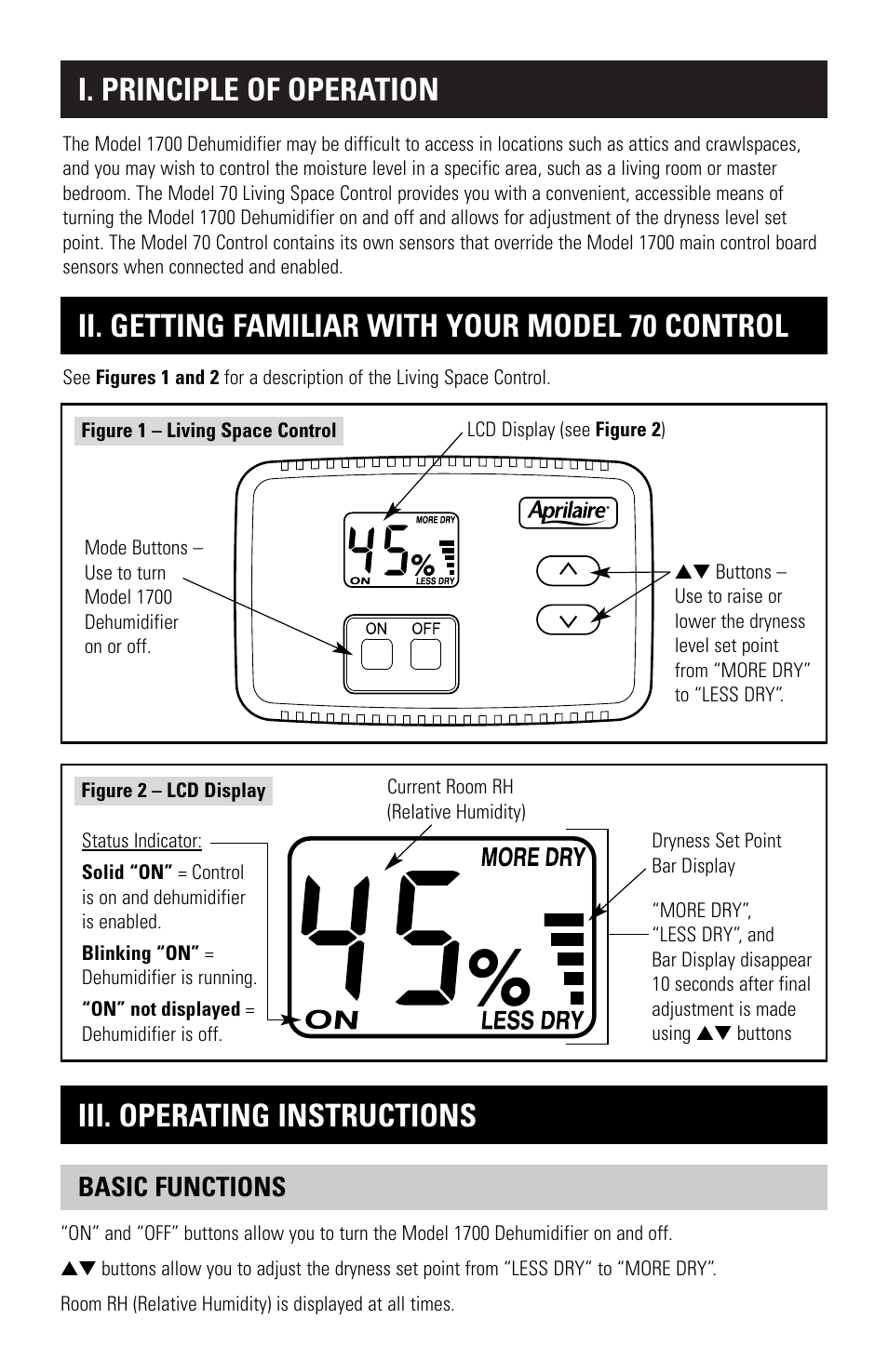 I. principle of operation, Ii. getting familiar with your model 70 control, Iii. operating instructions | Basic functions | Aprilaire Model 1700 User Manual | Page 2 / 4