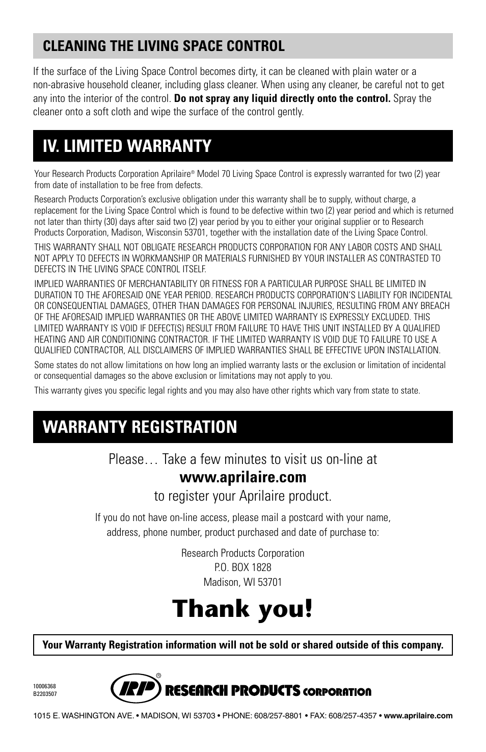 Iv. limited warranty, Warranty registration, Please… take a few minutes to visit us on-line at | Cleaning the living space control | Aprilaire Model 1700 User Manual | Page 4 / 4