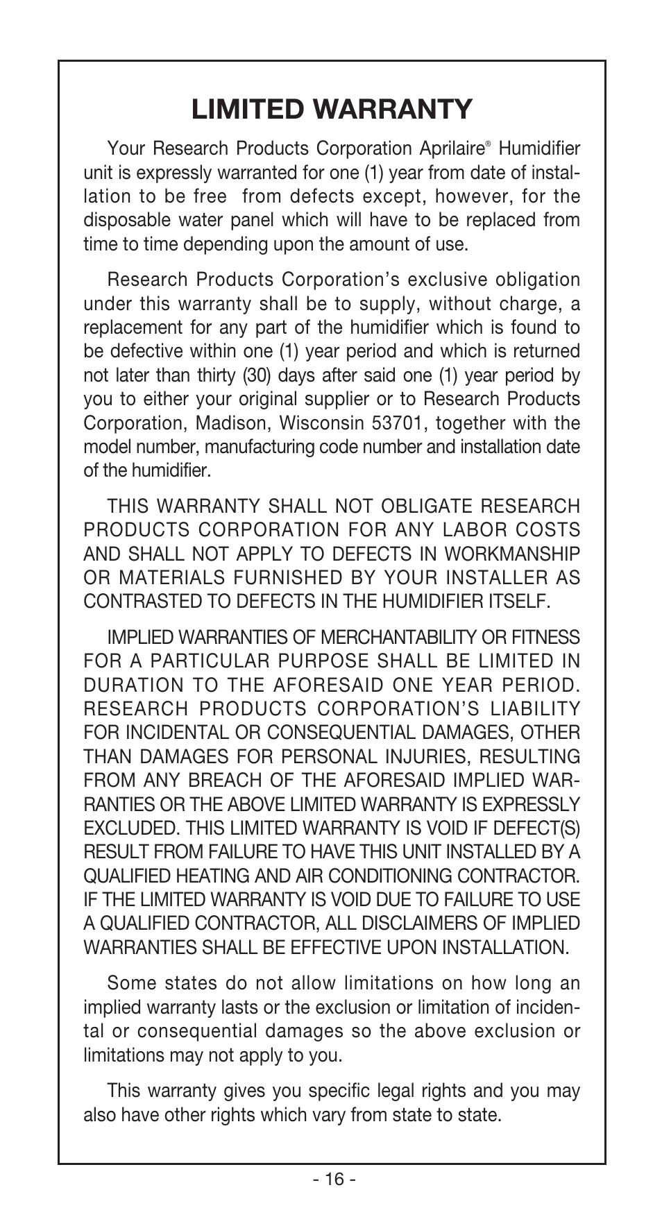 Limited warranty | Aprilaire 760 User Manual | Page 18 / 20