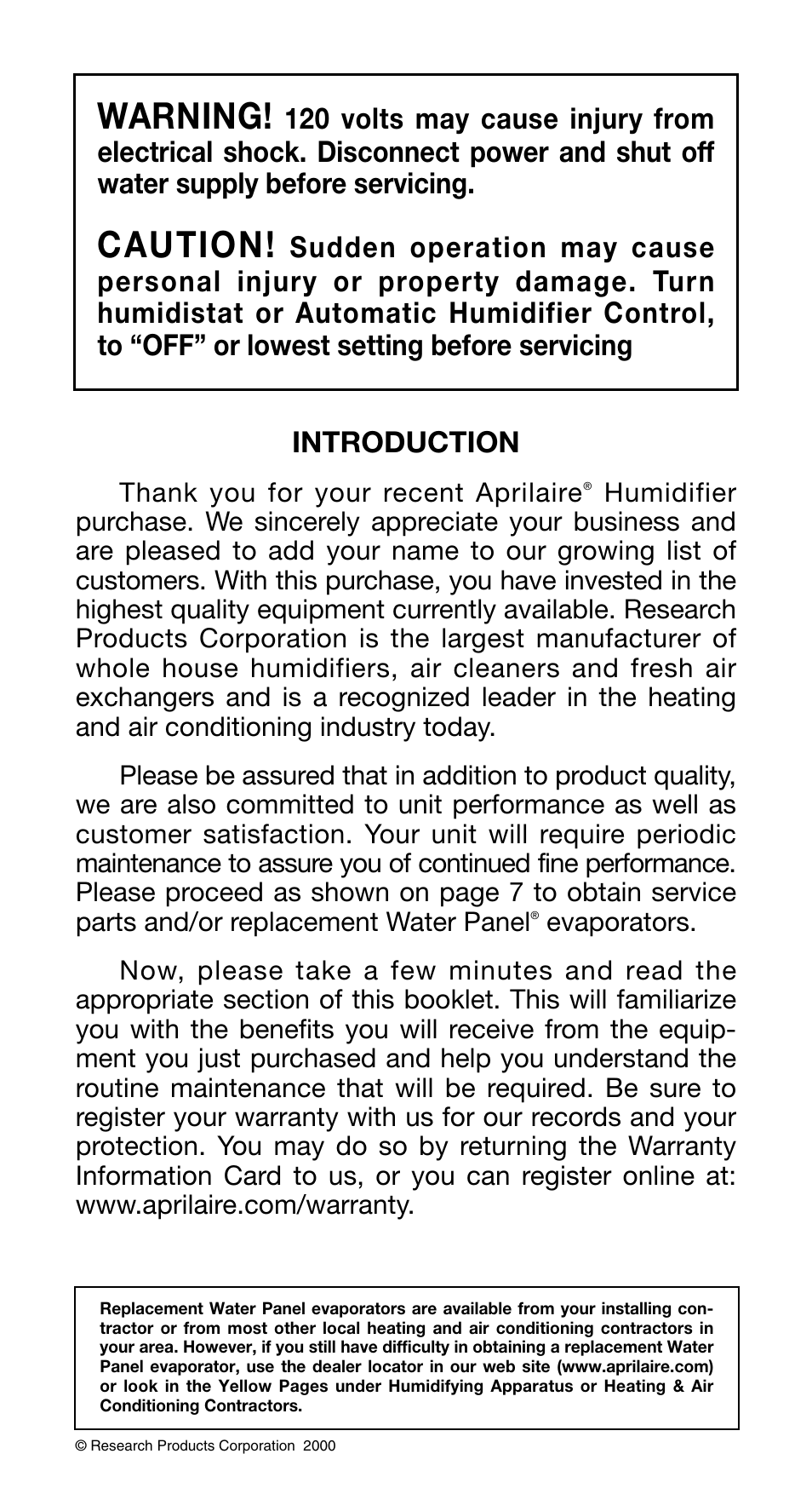 Warning, Caution, Introduction | Aprilaire 760 User Manual | Page 2 / 20