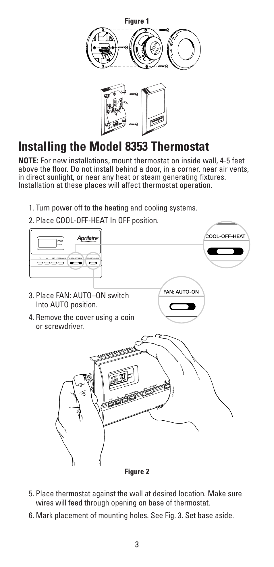 Installing the model 8353 thermostat, Figure 1, Figure 2 | Aprilaire 8353 User Manual | Page 3 / 12