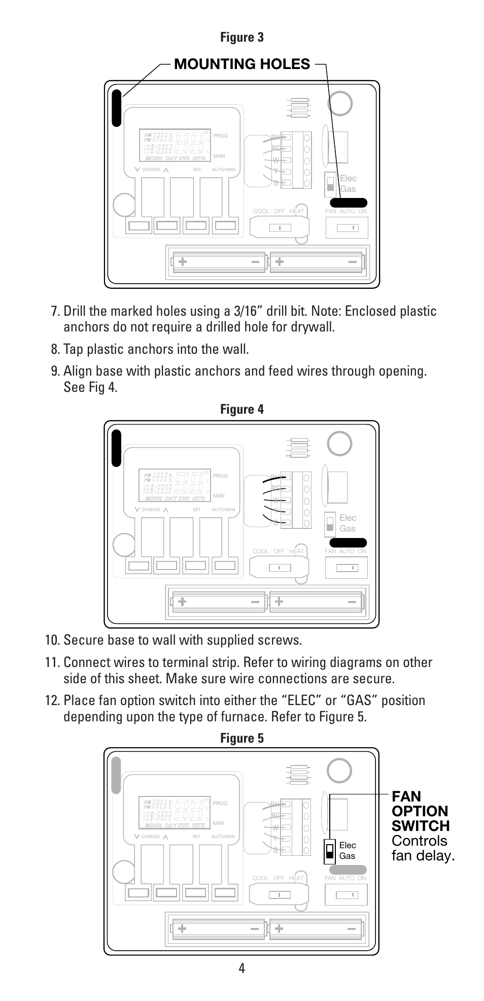 Mounting holes, Fan option switch controls fan delay, Figure 3 | Figure 4, Figure 5 | Aprilaire 8353 User Manual | Page 4 / 12